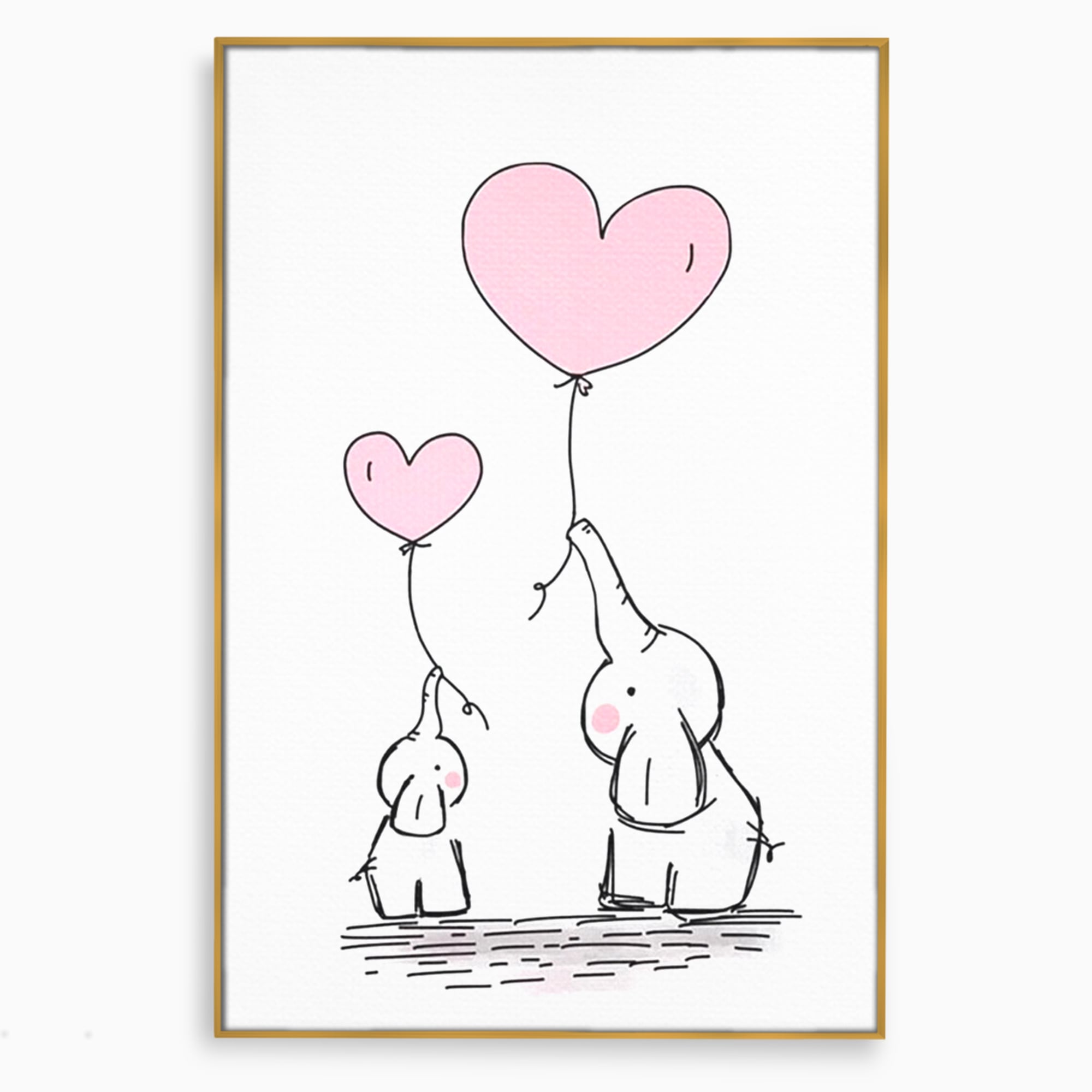 Tablou canvas cu ilustratie cu elefanti si baloane, in rama de aluminiu auriu
